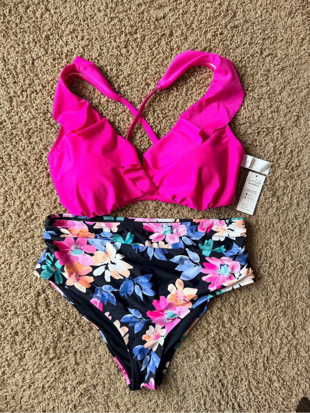 CUPSHE Hot Pink Ruffle Cross Back Tie Bikini Top with Floral High-Waist Bottom
